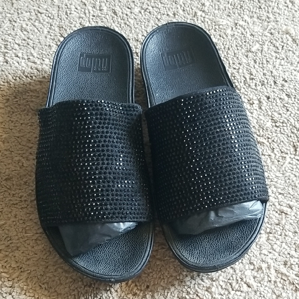 Fit Flop Black Slide Sandals Textured Strap